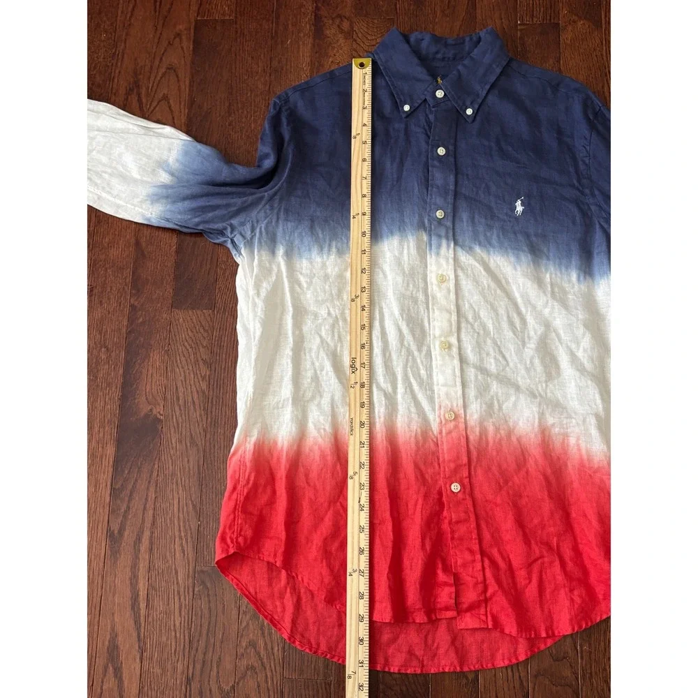 Polo Ralph Lauren Mens Medium Linen Ombre Dip Dye Shirt Red White Blue Pony Logo